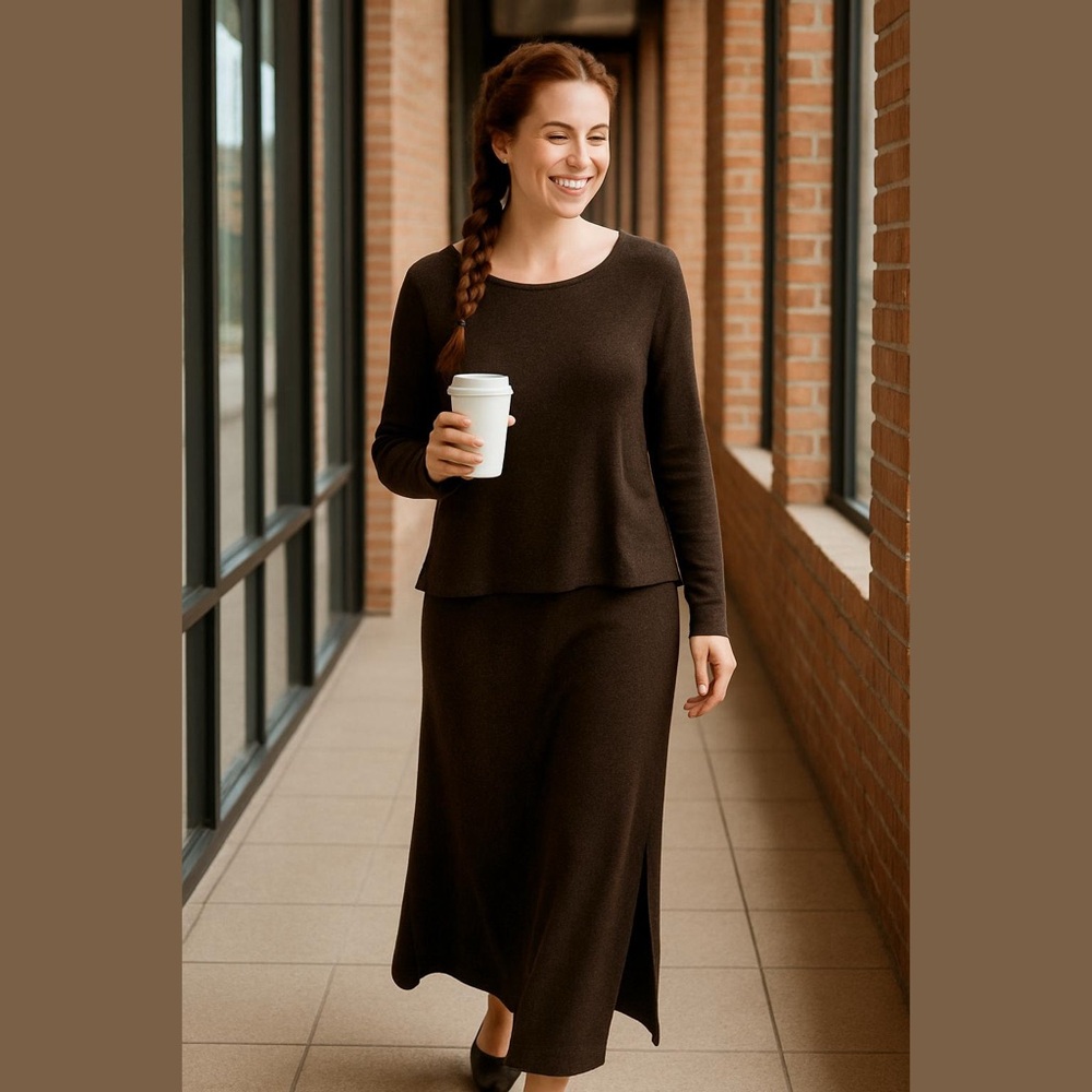 90s HOLTE BROWN HEATHER KNIT MAXI DRESS W ATTACHED LONG SLEEVE OVER TOP SZ L